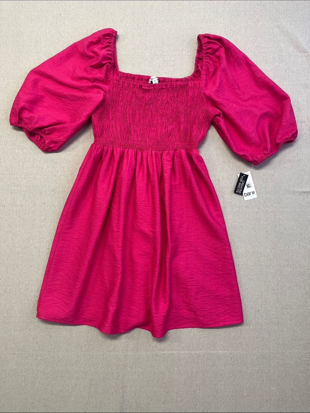 NWT Bar III Hot Pink Smocked Puff Sleeve Mini Dress XL